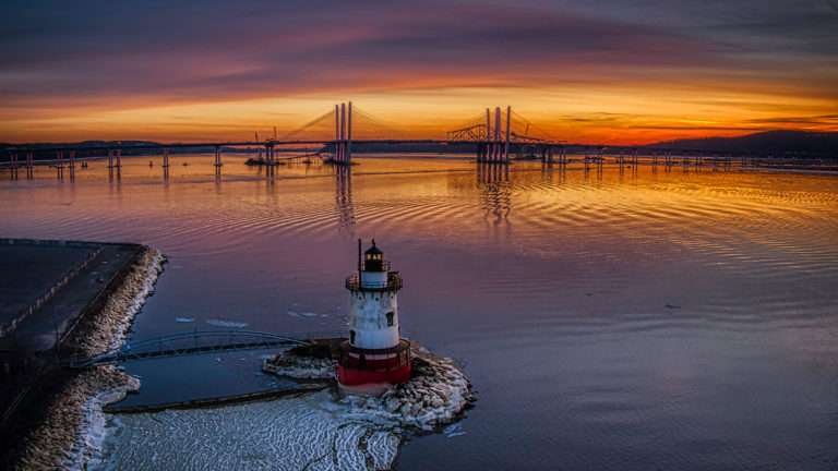 Sunset over the Hudson River and the Tappan Zee Bridge and Lighthouse