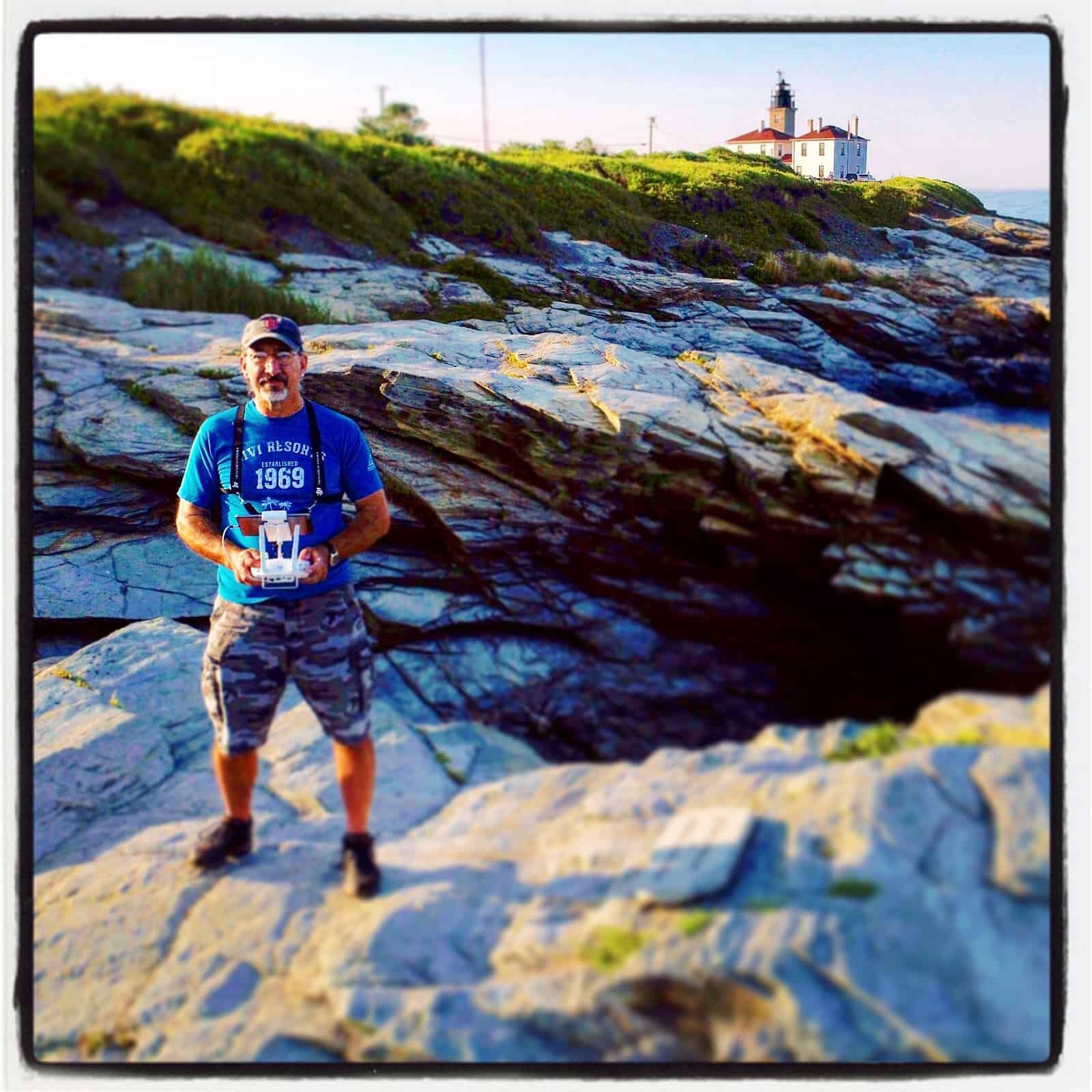 John Woike flying drone at Beavertail Lighthouse