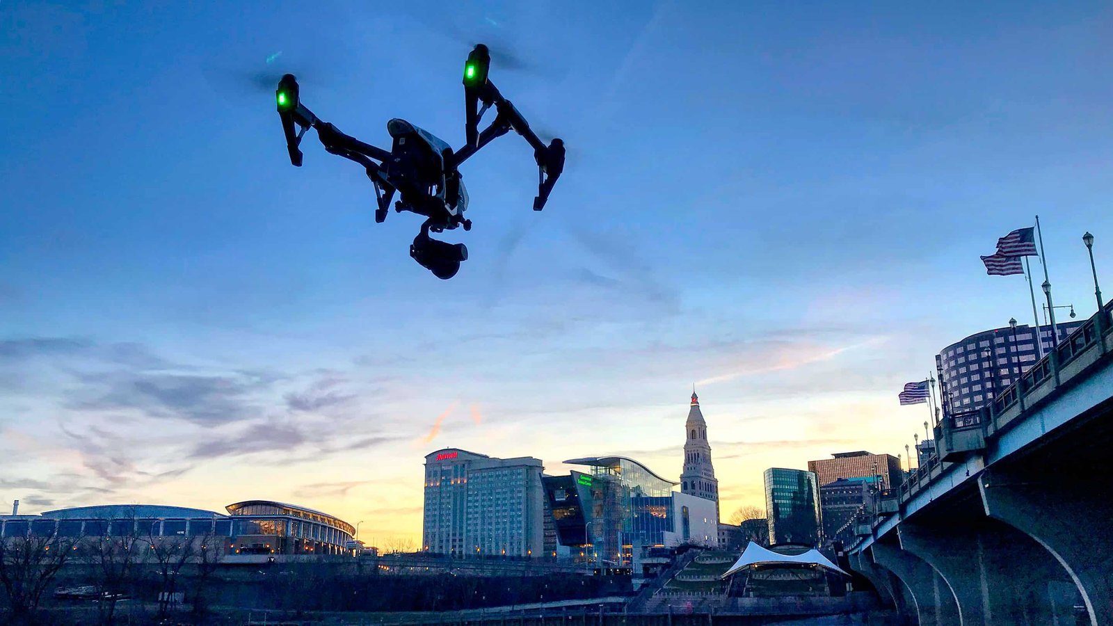 DJI Inspire drone flies over the Connecticut River in Hartford Connecticut at sunset